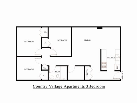 Floor plan for 3 beds, 1 bath, 872 sqft